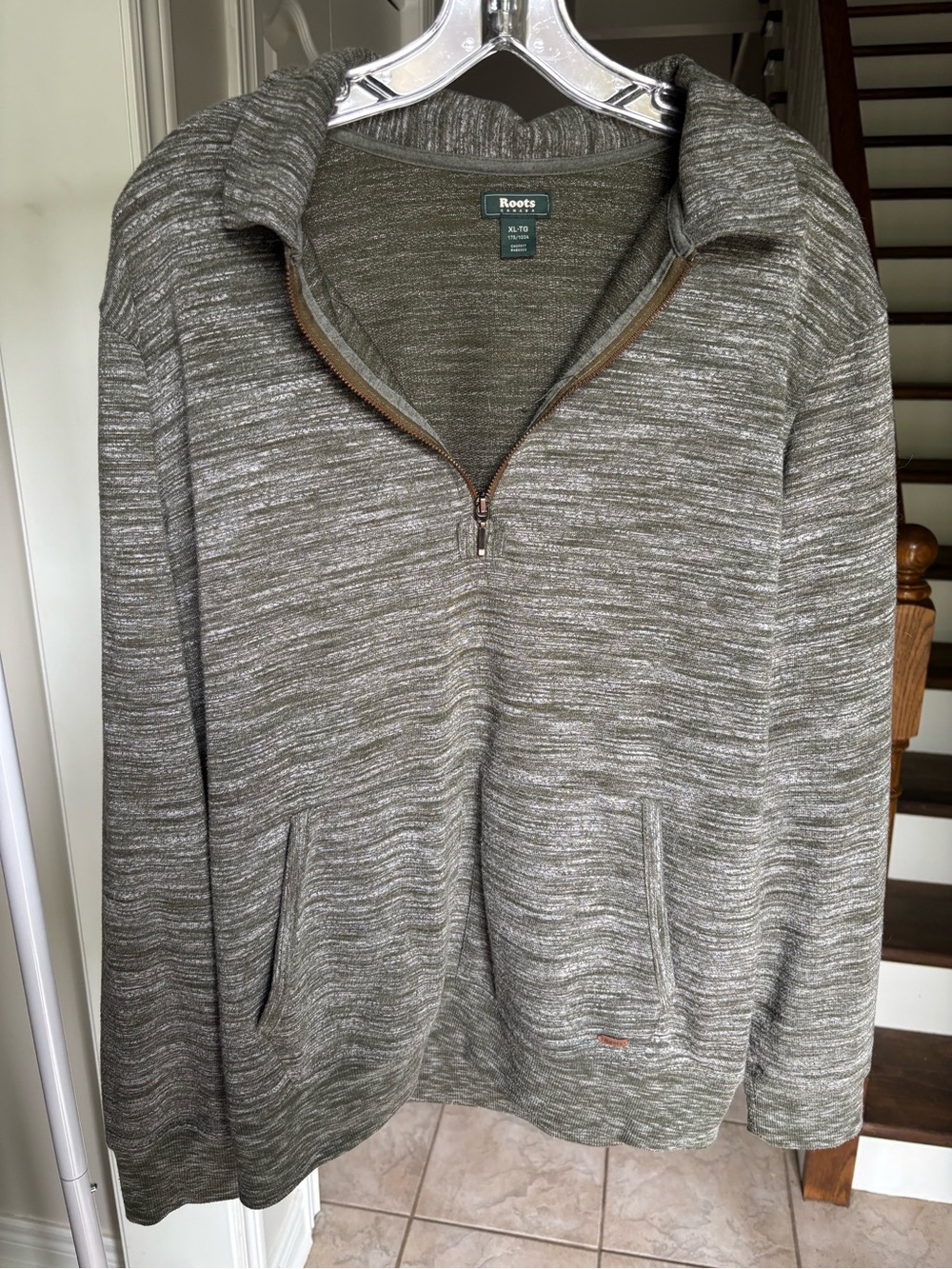 Roots Women’s Olive and Heather Gray Quarter-Zip Sweater